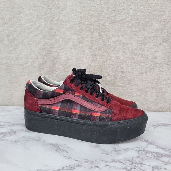 Vans Shoes - VANS Old Skool Stackform Shoes Red Suede Red & Black Plaid Platform Sneakers